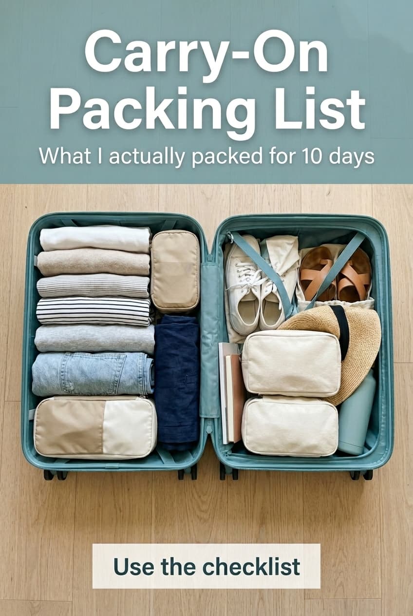 Representative Pinslate example pin for Juniper Cove Travel featuring a carry-on packing list.