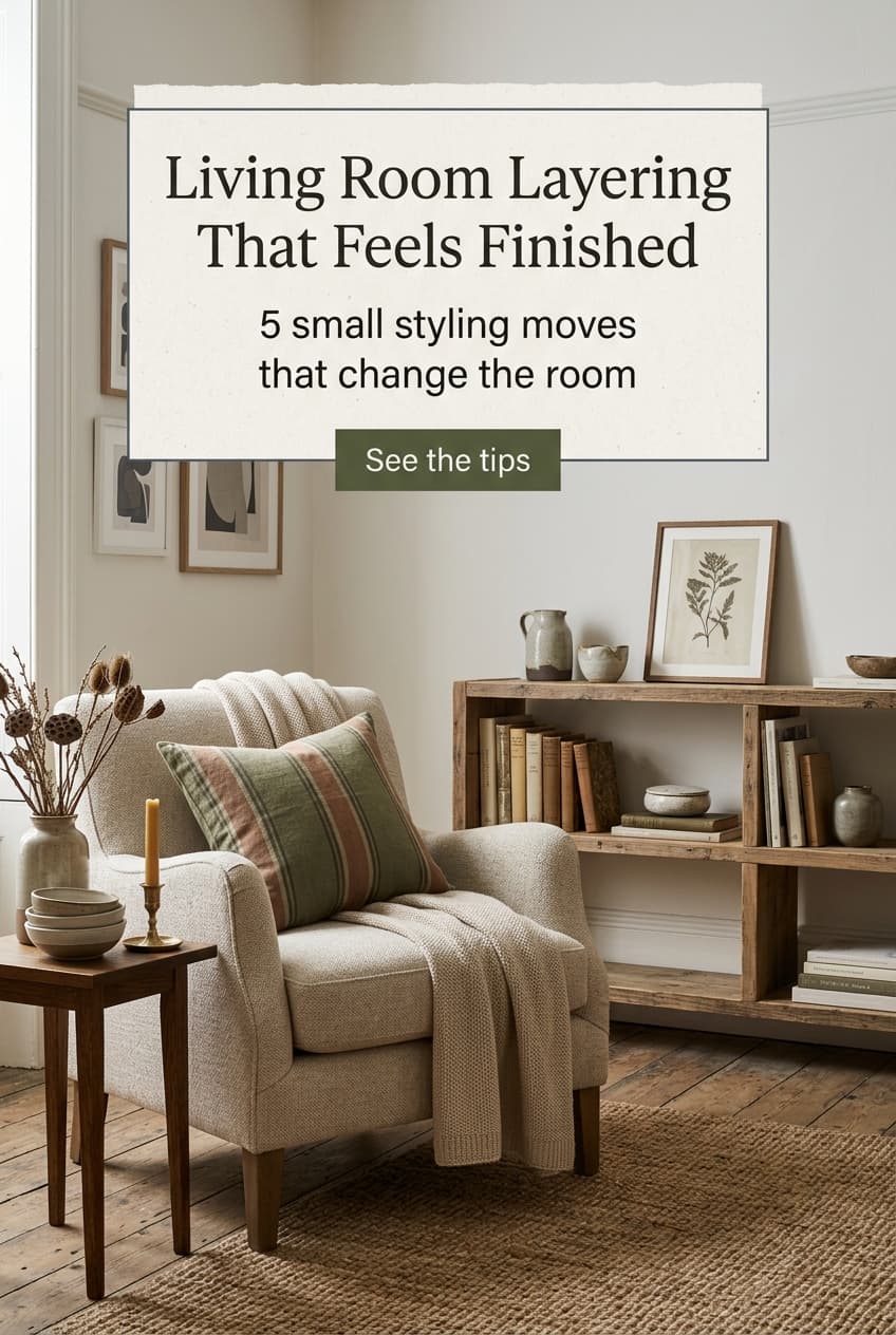 Representative Pinslate example pin for Mossmere Home featuring a layered living room styling guide.