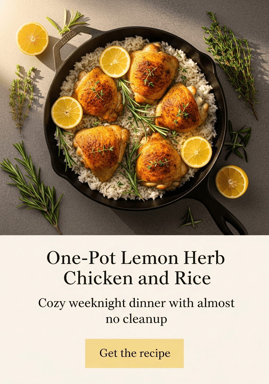 Representative fictional Pinslate example pin for Hearthspoon Kitchen featuring one-pot lemon herb chicken and rice.