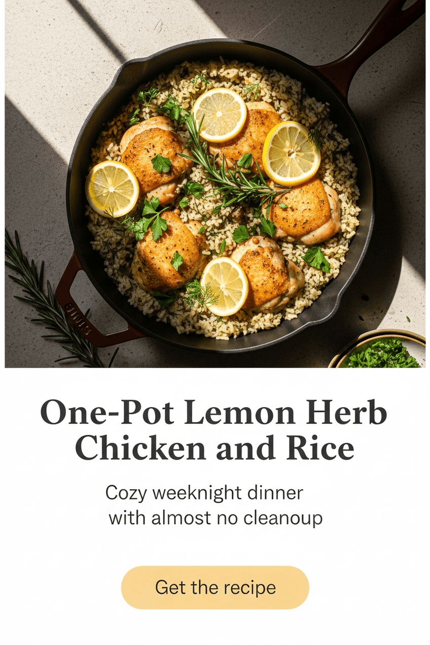 Representative fictional Pinslate example pin for Hearthspoon Kitchen featuring one-pot lemon herb chicken and rice.