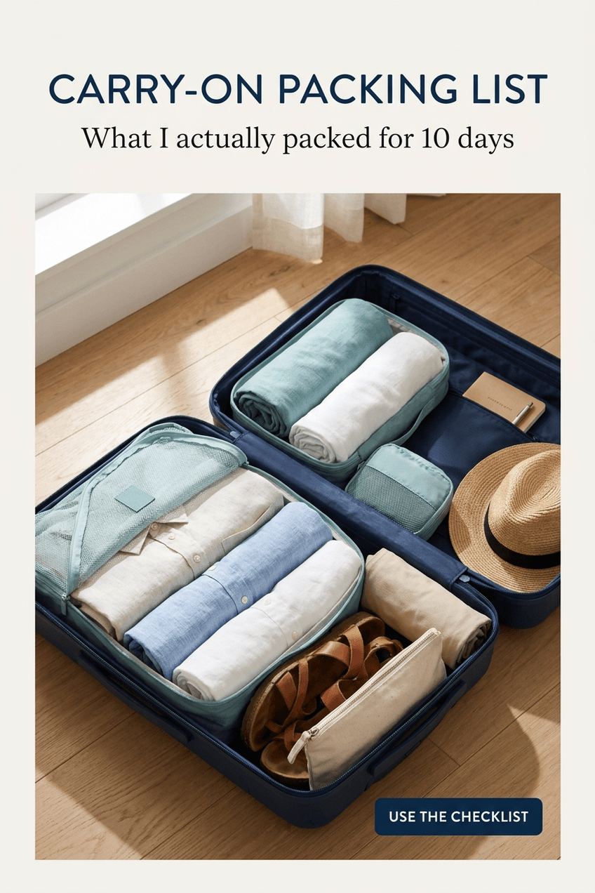 Representative fictional Pinslate example pin for Juniper Cove Travel featuring a carry-on packing list.