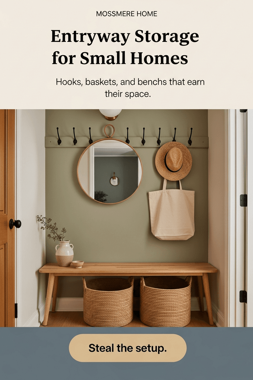 Representative fictional Pinslate example pin for Mossmere Home featuring entryway storage for small homes.